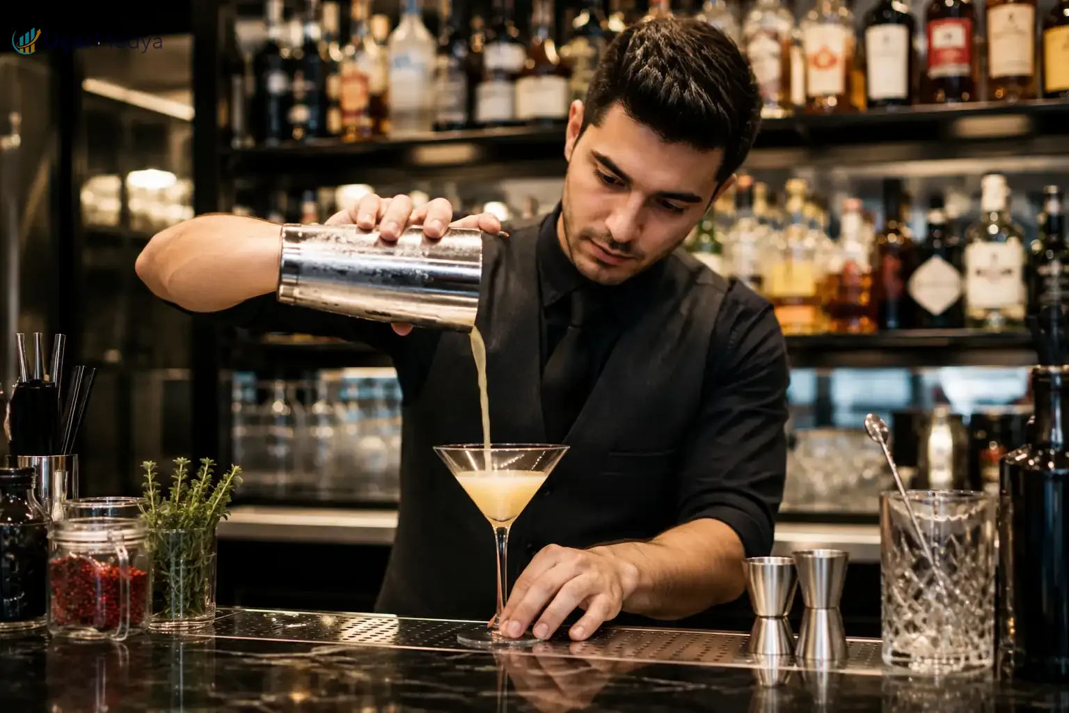 Barmen nasıl olunur sorusuna yanıt arayanlar için kokteyl hazırlayan profesyonel barmen fotoğrafı Barmen nasıl olunur sorusuna yanıt arayanlar için kokteyl hazırlayan profesyonel barmen fotoğrafı